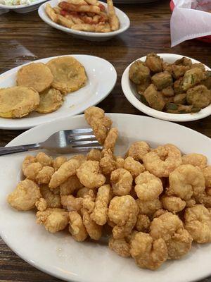 Calabash shrimp, fried squash, fried okra.