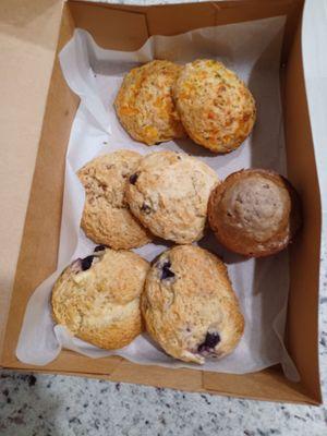 From top: cheese & chive biscuits, $2.75 each. Cinnamon scones, $2.95 each. Hummingbird muffin, $2.95. Blueberry scones, $2.95 each.