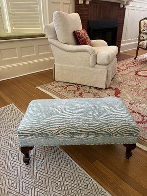 Re-upholstered club chair & ottoman by Classic to give us an updated look in our home!