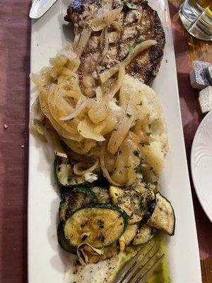 Pork chop and onion mashed potatoes with grilled Zucchini and Squash