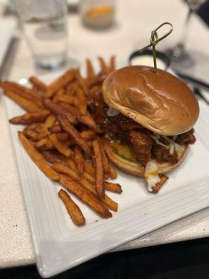 Fried chicken sandwich and sweet potato fries. Amazing!