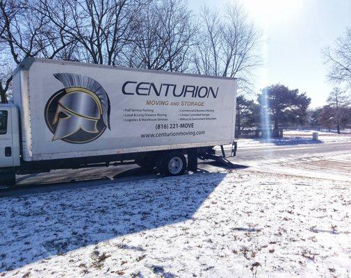 Centurion Moving & Storage moving in Kansas City winter with snow on the ground.