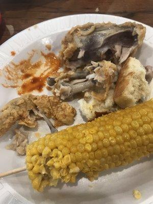 What's left of the chicken. Corn was ok it needed butter.