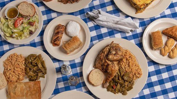 Delicious Greek food, Greek chicken, souvlaki, manestra, pastries, and more!