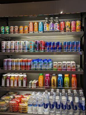 Various juices and other drinks. Salads & snack packs.