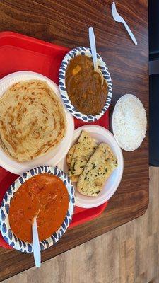 Beef Curry, Butter Chicken, Naan & Porotta.