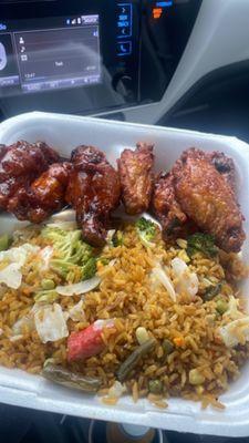 7 Piece (Half Honey Barbecue / Half Honey Hot)  Fried Hard / Well Done & Mixed Vegetables Fried Rice Add Crab