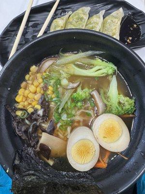 Vegetarian ramen with extra egg and veggie dumplings.