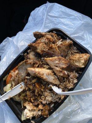 Jerk chicken (white meat), rice & peas and steamed veggies