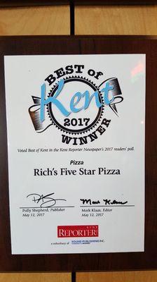 Thank you for voting Rich's 5 Star Pizza Best Pizza again in 2017!