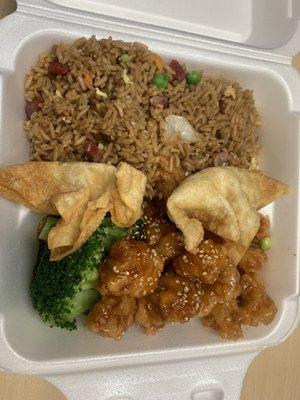 C8 Sesame Chicken lunch combo with crab rangoons and fried rice.