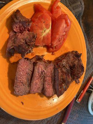 The result...a lean and tender cut of bison paired with a beefsteak tomato.