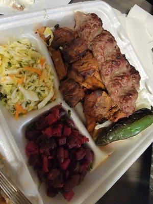 Beef plate..over potatoes. Came with beet salad & lemony cabbage salad & grilled Jalapeño plus side of fresh lavash