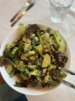 Delicious fresh salad, wirh kale & lettuce, cucumbers, beets with an avocado dressing