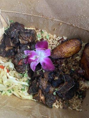 Oxtail, steamed veggies, and rice & peas.