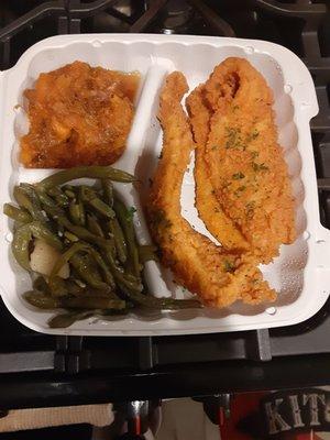 Fried Catfish with green beans and sweet potatoes.