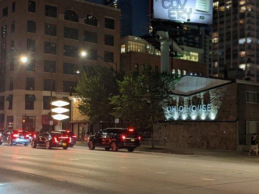 Ohio House Hotel exterior at night, August 2022, from Lasalle Street