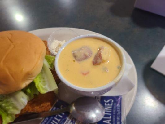 Cheesy ham and potato soup with chicken sandwich. Good soup, not the best of the week but still good