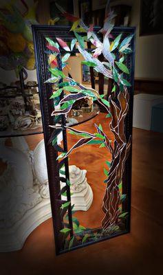 'Falling' 4.5ft×1.5ft Custom Stained Glass dimensional tree with Custom Framing! Available at Valerosa Gallery in Tyler, TX!