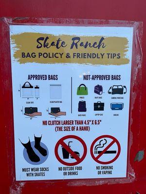 Skate Ranch Bag Policy & Friendly Tips.  No Fighting!! No Weapons!!