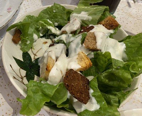 Side Salad Teeny, tiny bowl with wilted leaf lettuce and stale croutons thrown on top.