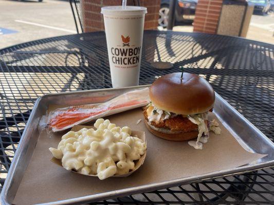 4/5/24 Nashville hot chicken sandwich with Mac and cheese. Chicken was perfectly crunchy, crispy, and spicy!