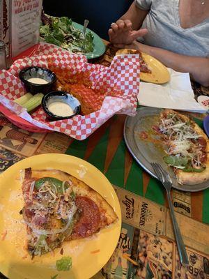 Heart blocker pizza,  bones less wings and salad