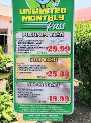 Unlimited Monthly Pass
Platinum wash
Gold wash
Silver wash