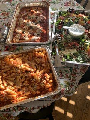 Chicken Parmesan, Penne, and a delicious salad with figs and walnuts was deliciously perfect for a catered birthday party!