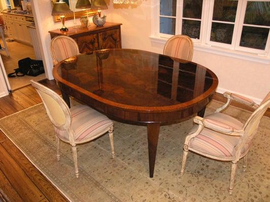 Original VW. design. Burl walnut and satin wood border dining table