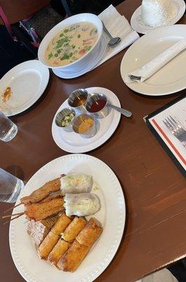 Top: Tom Kha Soup. Bottom: Sampler platter with sauces that come with.