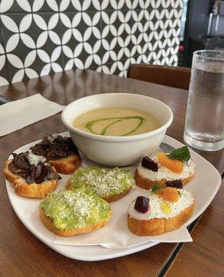 Crostini variety and a bowl of potato, lemon & leek soup; so fresh and tasty, we loved everything!