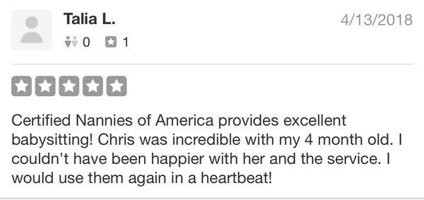 "Hidden" 5-star Yelp Review from a client of Certified Nannies of America, LLC.