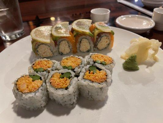 Rainbow roll and spicy shrimp roll