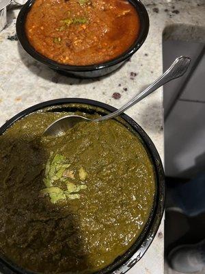 Saag Aloo and garlic chili lamb