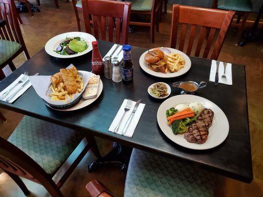 12oz Steak, Fish and Chips, Stephens Burger, Goat Cheese & Beet Salad