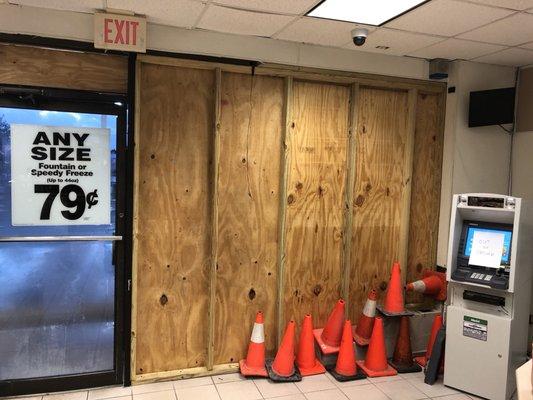 The destruction from someone driving through the wall at 6am to apparently try to steal the ATM. Fail!