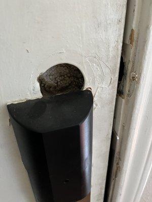 Hole in the door when they moved in. This has been resolved.