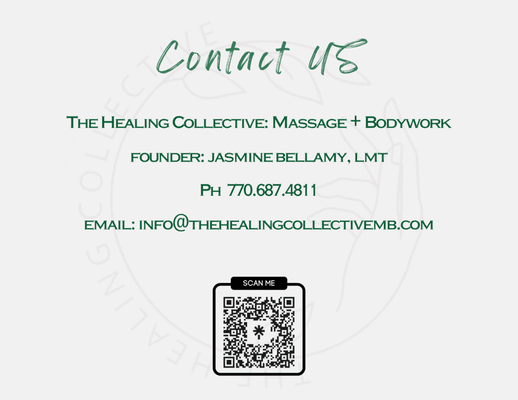 Contact information for THCMB. Scan the QR code to view our massage services and book your next massage session.