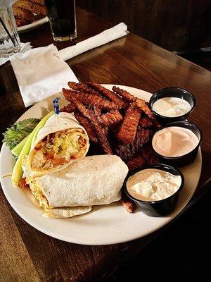 Buffalo Chicken Wrap with Sweet Potato Fries