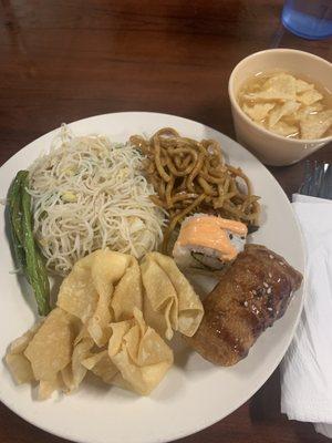 Veggie Mei Fun, Cheese Wonton(10), Sushi, Egg Drop Soup, Chow Mein