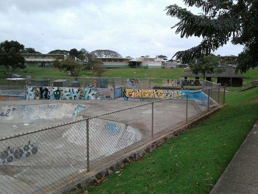 Restroom, park and school.