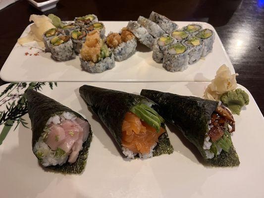 Handrolls- Yellowtail roll, salmon avocado roll, eel avocado roll, set B. Tuna Roll, Salmon Roll, Yellowtail Roll