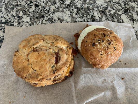 Bacon Cheddar Chive Sconewich and Keto Bagel breakfast sandwich