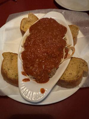 Regular spaghetti add meatballs. Comes with garlic bread (very soft & tasty!)