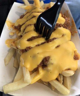 Delicious fries with Spanish sauce and cheese.