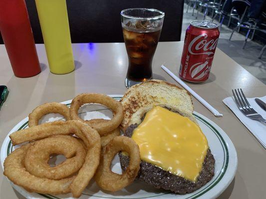 Cheeseburger with Onion Rings and a Coke