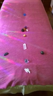 Crystals set up for a distance healing session