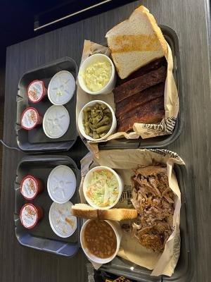 Pulled Pork Dinner with Baked Beans and Coleslaw; Rib Dinner with Green Beans and Potato Salad