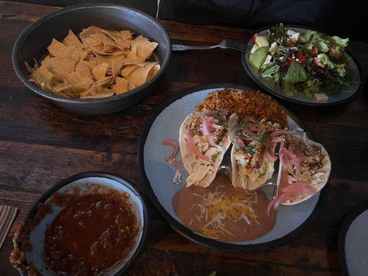 Shrimp Tacos, chips, salsa